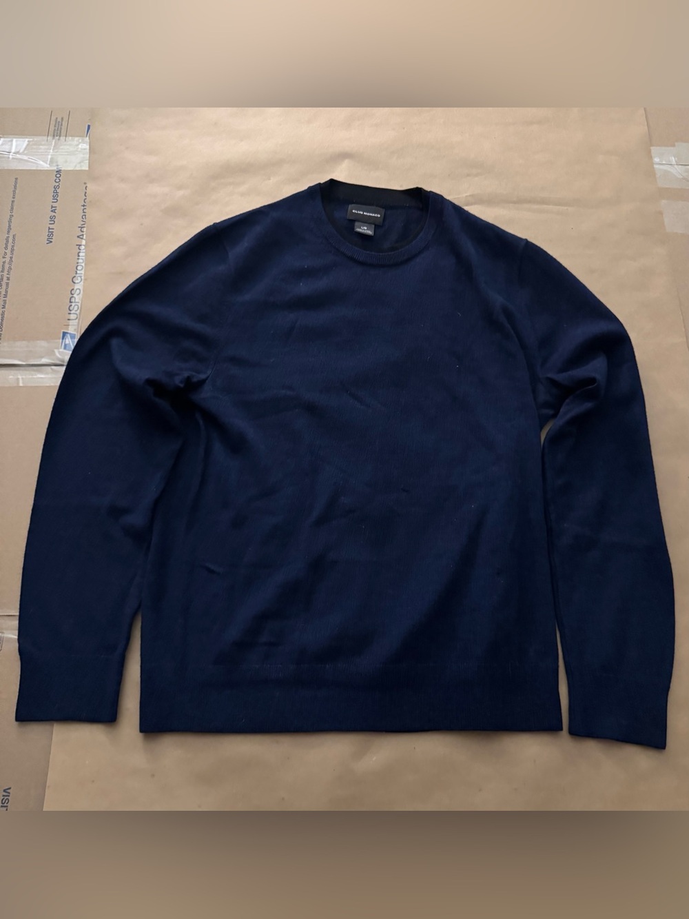 Club Monaco Marine Blue Black Merino Wool Double Collar Sweater Mens Size L